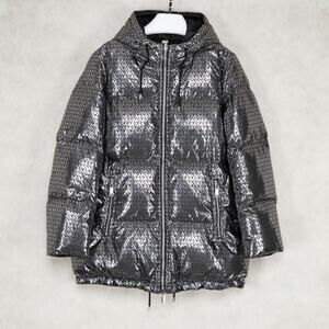 MICHAEL Michael Kors Women Reversible Foil Logo Puffer Coat Black/Silver Size S